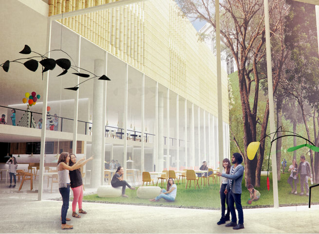 Spazio moderno con vetrate, area verde e persone che interagiscono.